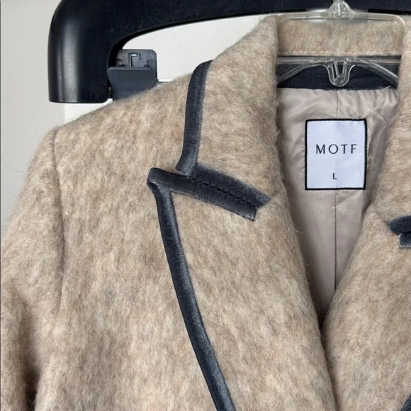 Motf Wool Blend Beige Ivory Long Duster Coat/Jacket Sz L Blue Velvet Trim - Picture 5 of 14